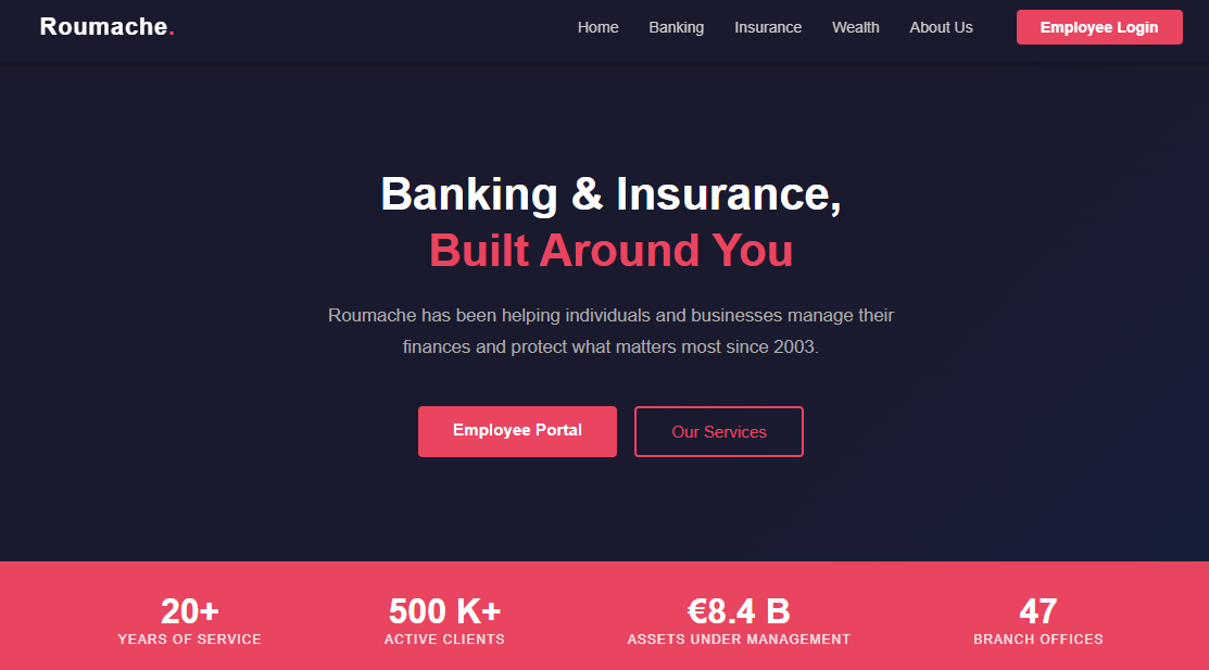 Screenshot of the fictional Roumache company website used as the phishing target